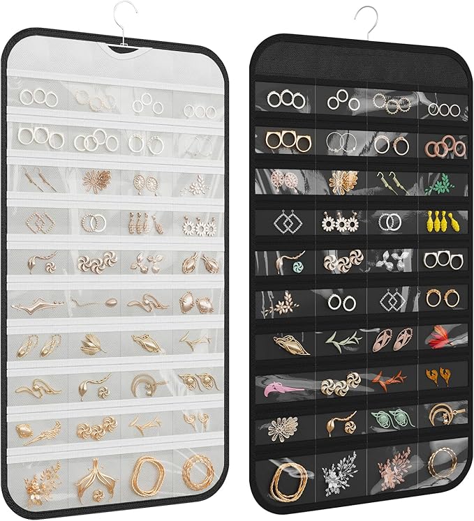 1 Pack Hanging Jewelry Organizer 80-Pocket Dual-sided Jewelry Storage for Earring Necklace Bracelet Ring Travel Holder, Black and White
