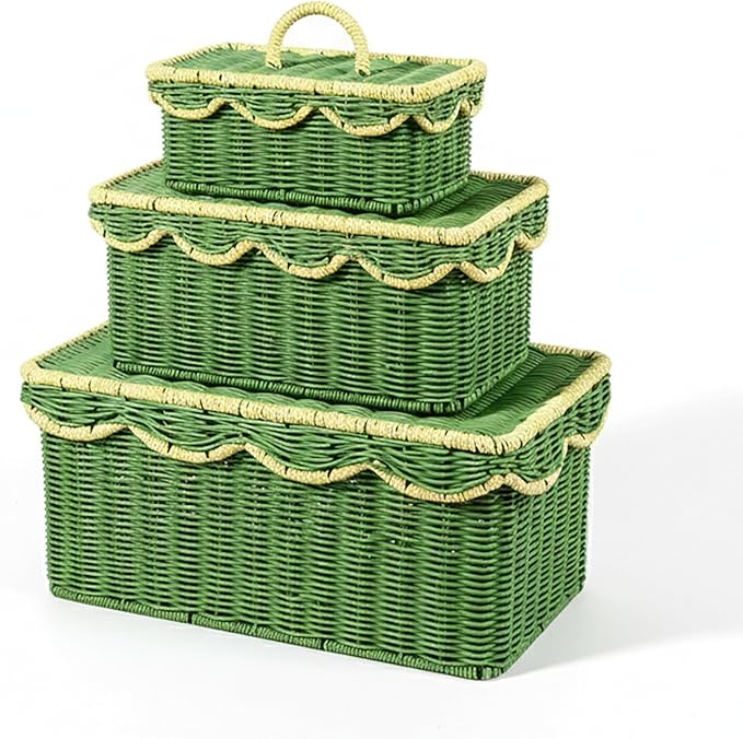 Scalloped Hyacinth Wicker Basket for Toy Storage | 3 Pack Woven Storage Baskets | Decorative Storage Baskets for Shelves | Rattan Baskets for Bedroom By NovaHeavensNest (Green & Golden)