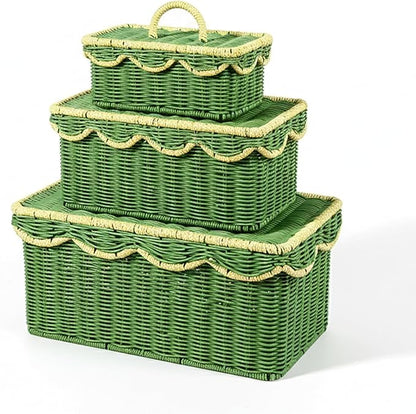 Scalloped Hyacinth Wicker Basket for Toy Storage | 3 Pack Woven Storage Baskets | Decorative Storage Baskets for Shelves | Rattan Baskets for Bedroom By NovaHeavensNest (Green & Golden)