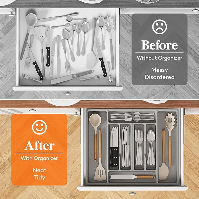 Lifewit Silverware Organizer, Plastic Kitchen Utensil Drawer Tray, Cutlery Flatware Storage Holder for Spoons Forks Knives, 20 x 16"/ 52 x 42cm, 8 Compartment, Gray