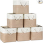 Temary 6-Pack Cube Storage Bins, 11 Inch Foldable Fabric Storage Cubes with Cotton Rope Handles, Sturdy Linen Organizer Baskets with Metal Frame for Shelves, Closet, Nursery (White&Khaki)