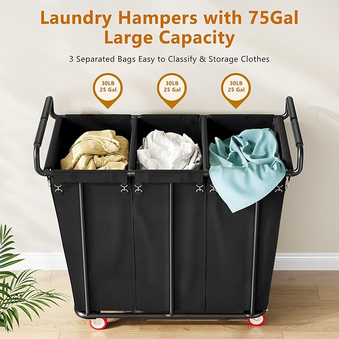 Gewudraw Large laundry hamper with Wheels, 360L 3 Bag Big Rolling Laundry Hamper Sorter Cart, Extra Large Laundry Clothes Hamper, Heavy Duty Laundry Basket Organizer for Laundry Room,Bathroom,Black