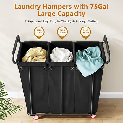 Gewudraw Large laundry hamper with Wheels, 360L 3 Bag Big Rolling Laundry Hamper Sorter Cart, Extra Large Laundry Clothes Hamper, Heavy Duty Laundry Basket Organizer for Laundry Room,Bathroom,Black