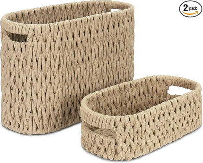 Boho Toilet Paper Storage Baskets, Cotton Rope Woven Bathroom Basket Set of 2, Standing Toilet Paper Holder for 6 Mega Rolls,Storage Bins for Toilet Tank Top, Bathroom Organizer Decor (Brown 2 Pack)