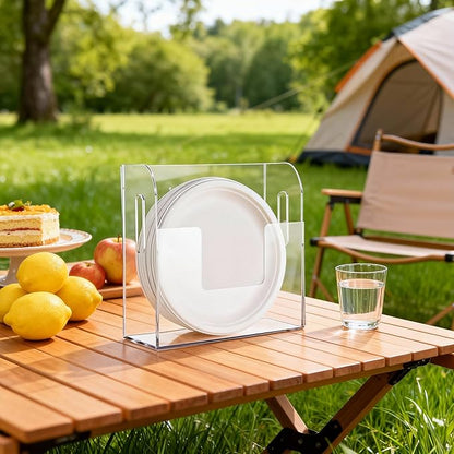 Acrylic Paper Plate Dispenser Wall Mounted, Paper Plate Organizer in Cabinet, Disposable Plate Storage Holder for Kitchen Countertop or Outdoor Picnics Party, Provide Adhesive Strip & Mounting Screws