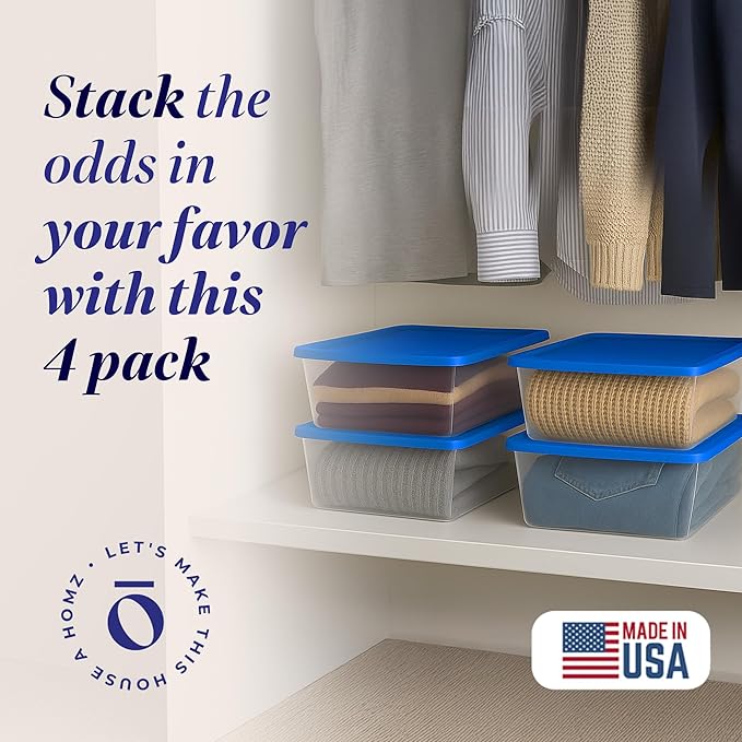 HOMZ 4-Pack Snaplock, Small Clear Plastic Storage Organizer Bins w/Lids, 12 Quart, Blue - Stackable Container Boxes for Bedroom, Bathroom, Garage, and Office Organization