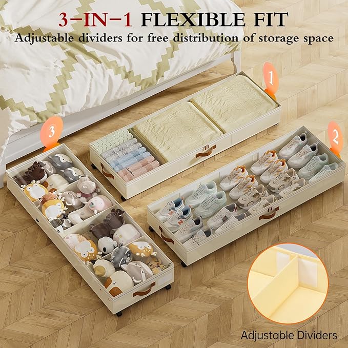 Yecaye 85 L Under Bed Storage with Wheels, 2 Pack Under Bed Storage Containers with Adjustable Dividers & Lids, Large Rolling Underbed Organizer Bins Drawers for Clothes, Shoes, Blankets Toys, Beige