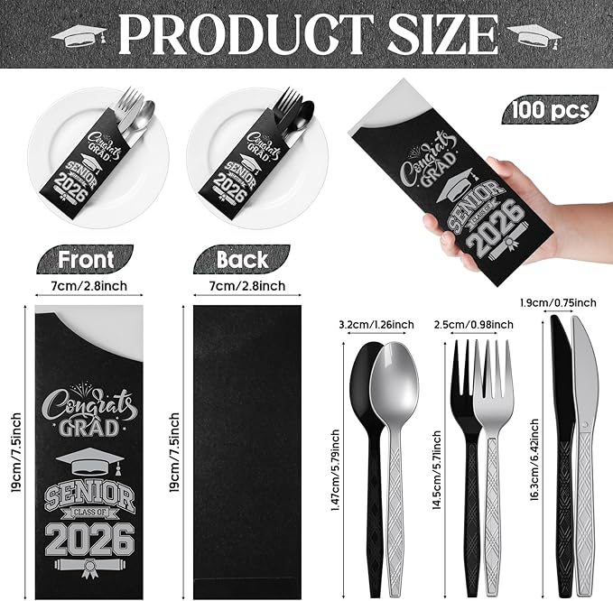 Funnymoom 400 Pcs 2026 Graduation Wrapped Silverware Bags Holder - Disposable Dinnerware Set Includes Plastic Spoons Knives and Forks, Class of 2026 Parties School Congrats Supplies(Black and Gray)