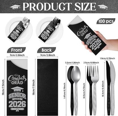 Funnymoom 400 Pcs 2026 Graduation Wrapped Silverware Bags Holder - Disposable Dinnerware Set Includes Plastic Spoons Knives and Forks, Class of 2026 Parties School Congrats Supplies(Black and Gray)