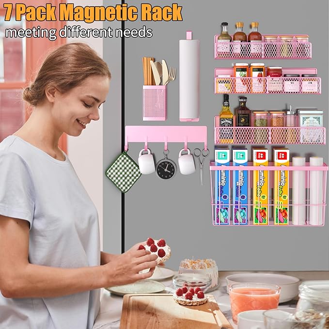 DTUQYX Magnetic Spice Rack for Refrigerator, 7 Pack Metal Magnetic Shelf, Moveable Magnetic Storage Fridge Organizer Pink, Spice Organizer, Hook Rack, Paper Towel Holder, Cutting Board Holder, HM5470
