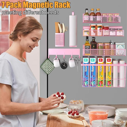 DTUQYX Magnetic Spice Rack for Refrigerator, 7 Pack Metal Magnetic Shelf, Moveable Magnetic Storage Fridge Organizer Pink, Spice Organizer, Hook Rack, Paper Towel Holder, Cutting Board Holder, HM5470