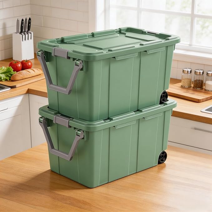 40-gallon plastic storage boxes with snap-on lids and handles, light green, 2-pack