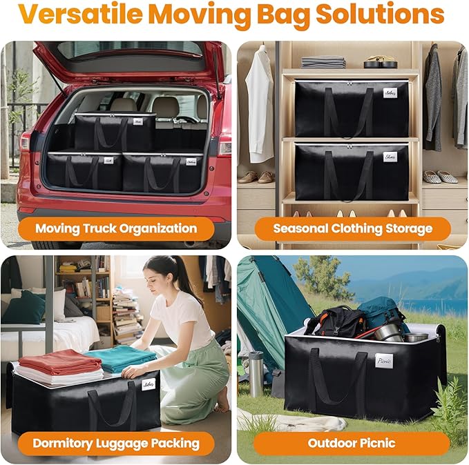 StoreHappily Heavy-Duty & Extra Capacity Moving Bags with Backpack Straps, Storage Totes with Double Zipper & Strong Handles, Packing Bags Alternative to Moving Boxes, Moving Supplies (8 Pack, Black)