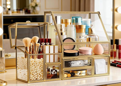 Tempered Glass Makeup Organizer with Gold Heart Shaped Metal Frame, Large Cosmetic Storage Drawer Cabinet, Dustproof Vanity Display Case for Lipstick Makeup Brush Skincare