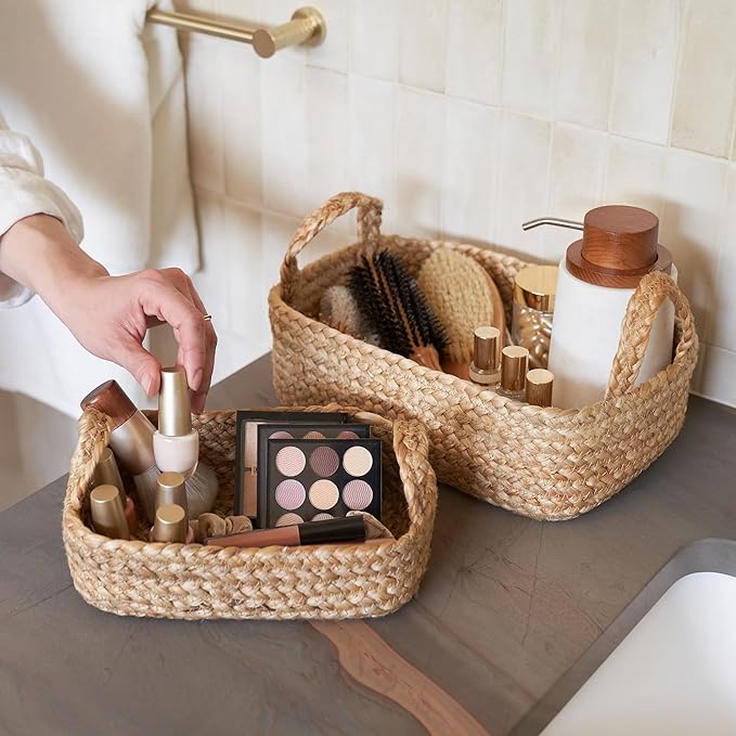 Beautiful Storage Basket Set of 4 - Natural Jute Rope Baskets for Shelves Are Perfect for Organizing Your Home - Quality Storage Bins Easily Fit With Any Nursery or Bedroom Decor