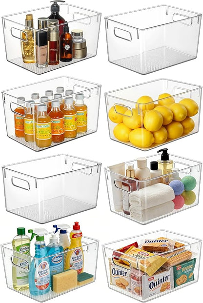 Hudgan Set of 8 Clear Plastic Storage Bins, 8 Large Storage Containers for Pantry Organizers, Home Edit, Kitchen Cabinet, Refrigerator, Under Sink Organization, Bathroom, Office