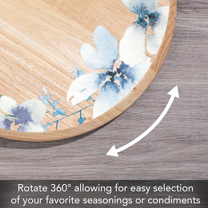 CounterArt Decorative Round Natural Wood Lazy Susan Turntable 14" Diameter Condiment Caddy, Cheese Server, Cake Plate, Spice Organization (Floral Wreath)