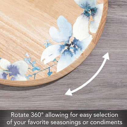 CounterArt Decorative Round Natural Wood Lazy Susan Turntable 14" Diameter Condiment Caddy, Cheese Server, Cake Plate, Spice Organization (Floral Wreath)