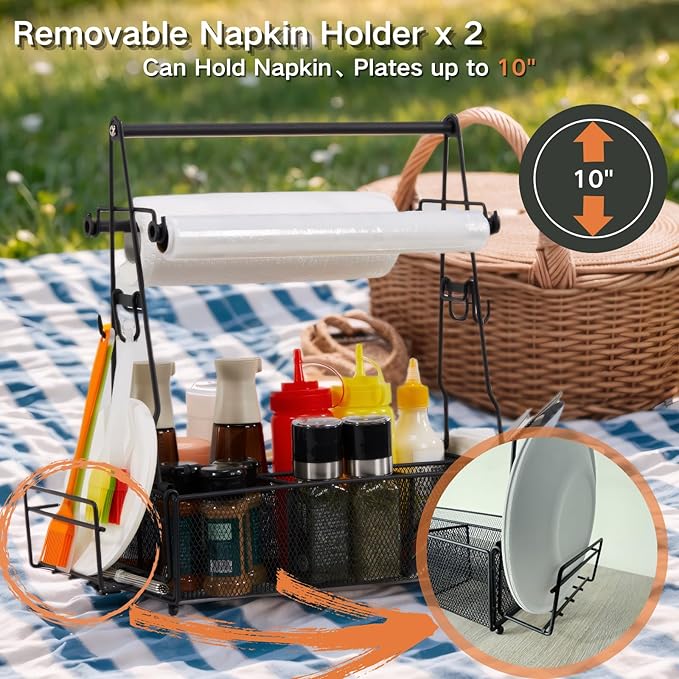 Grill Caddy, BBQ Caddy with Paper Towel Holder and 2 Hooks, Grill Utensil Organizer for Camping Outdoor Barbecue Accessories Organizer, Grilling Gifts for Men