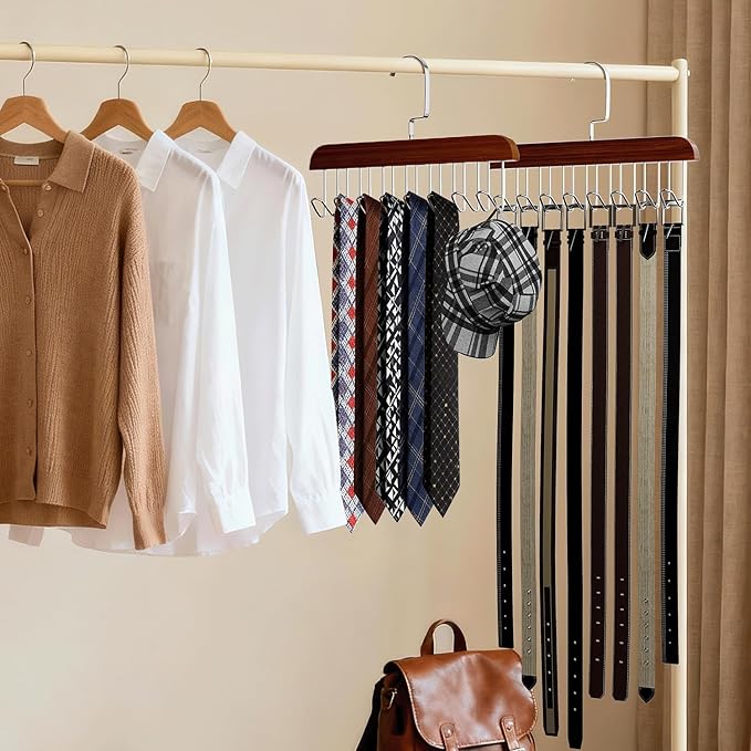 4 Pack Belt Hanger for Closet, Wooden Tie Rack Hangers for Men with 8 Hooks, Space Saving Belt Organizer, Closet Storage for Ties, Belts, Bras, Scarves, Tank Tops
