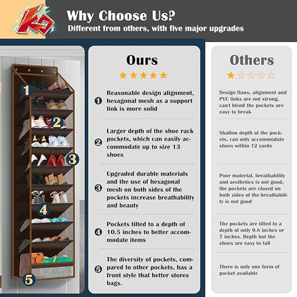 10 - Pocket Over - the - Door Hanging Shoe Organizers & Rack, Made of Sturdy 600D Oxford + Non - Woven Fabric, Space - Saving Storage for Shoes, Boots & More (Dark coffee color)