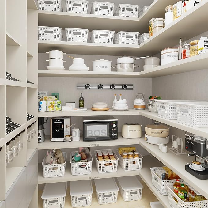 White Plastic Storage Baskets with Lids 12 Pack Stackable Storage Bins Containers for Shelves Organizing, Cute Decorative Storage Boxes for Classroom, Playroom, Closet, Pantry