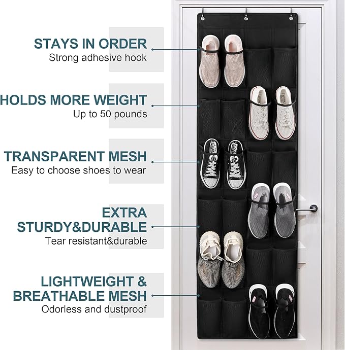 24 Large Pockets Upgraded Over the Door Shoe Organizer, Enhanced Hanging Solution Holder Closets, Shoe Cabinets for Everyone