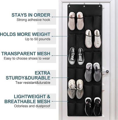24 Large Pockets Upgraded Over the Door Shoe Organizer, Enhanced Hanging Solution Holder Closets, Shoe Cabinets for Everyone