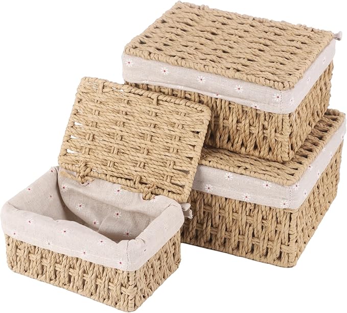3PCS Small Wicker Basket With Lid and Liner, Handmade Rectangular Paper Rope Square Wicker Basket for Bedroom, Living Room, Desk, Cabinet Organization, Decorative Boxes Boho Decor