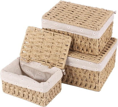 3PCS Small Wicker Basket With Lid and Liner, Handmade Rectangular Paper Rope Square Wicker Basket for Bedroom, Living Room, Desk, Cabinet Organization, Decorative Boxes Boho Decor