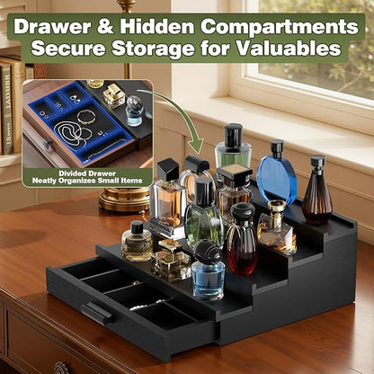 Perfume Cologne Organizer for Men: 4 Tier Wooden Perfumes Stand, Desktop Parfum Holder Wood Display Shelf with Cabinet, Bedroom Dresser Makeup Lotion Jewelry Storage Rack with Drawer