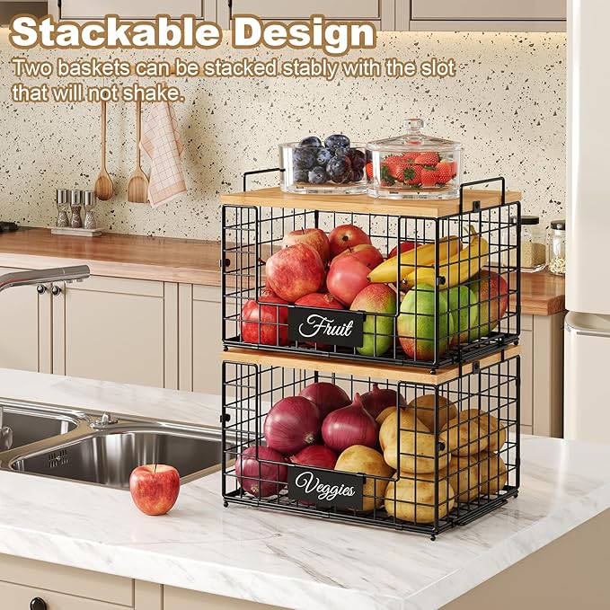 keomaisyto Pantry Organizers and Storage, 2 Set XXL Stackable Wire Baskets with Wooden Tops & Tags, Kitchen Counter Organizers Bins for Potato, Onion, Produce, Fruit, Vegetable