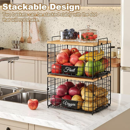 keomaisyto Pantry Organizers and Storage, 2 Set XXL Stackable Wire Baskets with Wooden Tops & Tags, Kitchen Counter Organizers Bins for Potato, Onion, Produce, Fruit, Vegetable