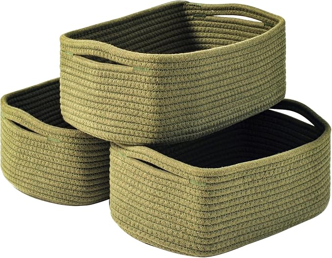 ICERZCZ Small Green Storage Baskets for Organizing Shelves, Cute Woven Baskets for Storage, Organizer Basket for Decor, Gift Basket, 13"×8.5"×5.1" (3 Packs) Green