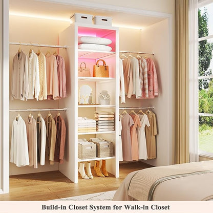 100'' Closet System with 4 Hanging Rods & LED Lights, 2-8 FT Wood Closet Organizer Systems with 5 Shelves, 6 Height Adjustable, Walk-in Closet Organizer Wardrobe Clothes Rack, Garment Rack, White