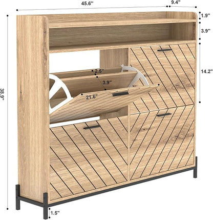 Shoe Cabinet for Entryway,Large Shoe Storage Cabinet with 4 Flip Drawer,Narrow Shoe Organizer Rack with Open Storage Shelf for Hallway,Closet