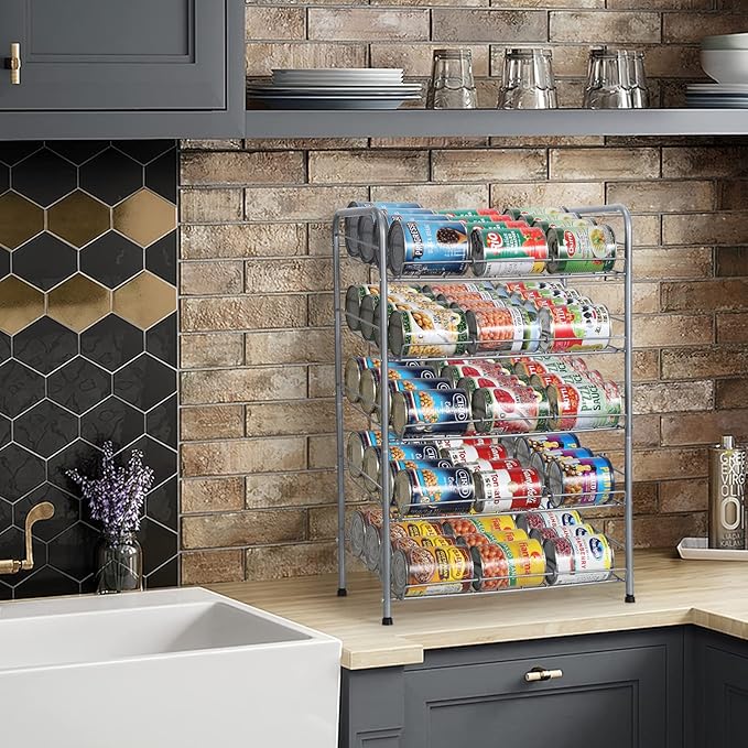 MOOACE Can Rack Organizer, 5 Tier Can Storage Dispenser Holds up to 60 Cans, Can Organizer, Great for The Pantry Shelf, Kitchen Cabinet or Counter-top, Cabinet, Canned Food Organizer, Silver