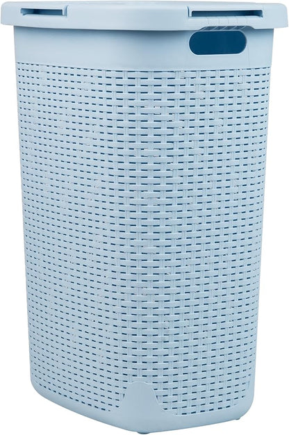 Mind Reader Slim Laundry Hamper with Lid, 60L Tall Clothes Basket, Narrow Tapered Design for Bathrooms, Closets and Laundry Rooms, Plastic, Baby Blue