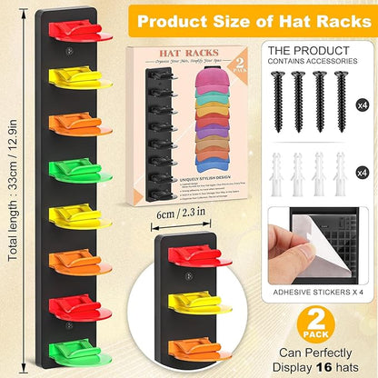 Coopache Hat Organizer for Baseball Caps 2 Pack, Hat Rack for Hanger Wall or Door Ball Cap Storage Holder for 16 Hats Hanging (Black & Color)