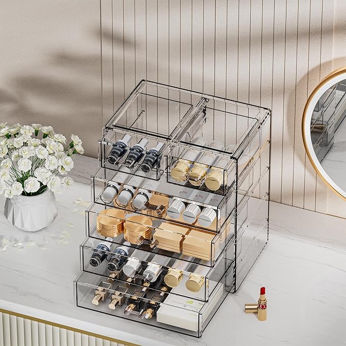 Acrylic Clear Large Makeup Organizer - Jewelry Holder Organizer, Perfect Make Up Organizers and Storage for Vanity, Bathroom (4 Large, 2 Small Drawers - Clear)