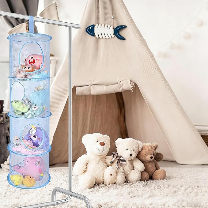 ChezMax Hanging Mesh Stuffed Animal Storage - 3 Tiers 2 Pack Large Stuffed Animal Net Organizer, Foldable Space Saver Bags Plushie Basket Organization Holder Room Bedroom Playroom Wall Blue & Red
