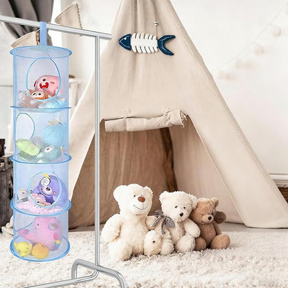 ChezMax Hanging Mesh Stuffed Animal Storage - 4 Tiers 2 Pack Large Stuffed Animal Net Organizer, Foldable Space Saver Bags Plushie Basket Organization Holder Room Bedroom Playroom Wardrobe Blue
