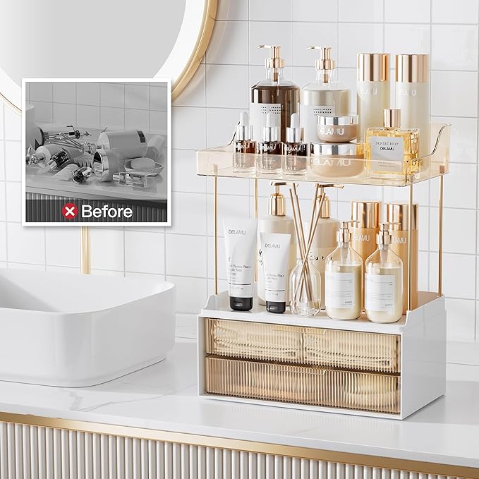 Delamu Bathroom Organizers and Storage, 2 Tier 2 Drawer Makeup Organizer Countertop, Easy to Install, Ideal for Bathroom Counter, Vanity, Ideal for Women Girls, Amber 2Pack