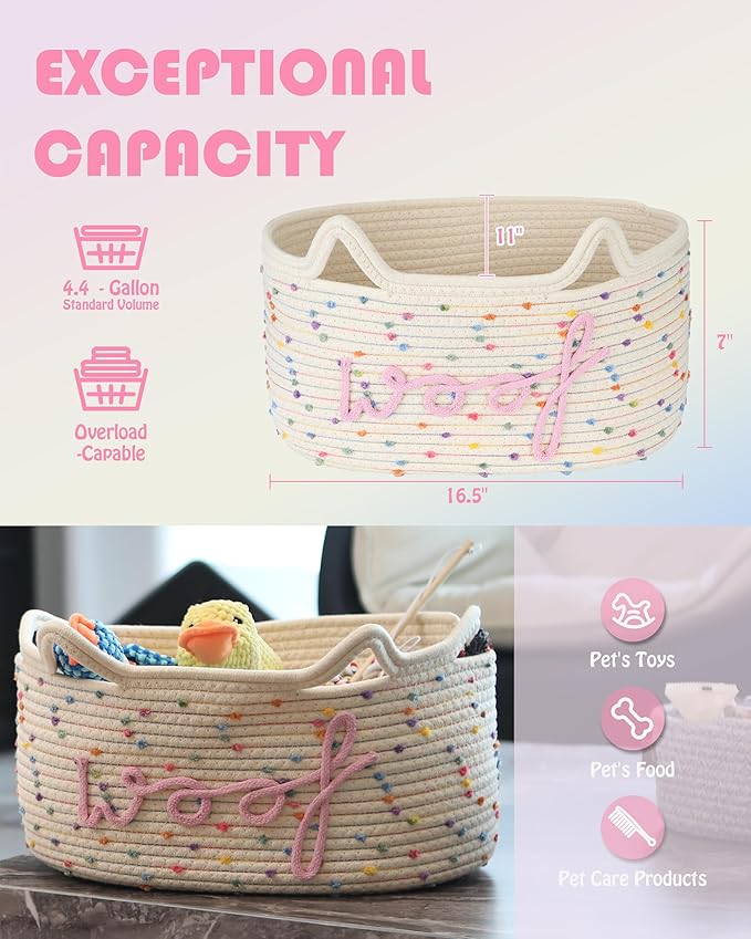 Sea Team Dog Toy Basket with Handles, 16.5 x 11 x 7 Inches, 4.4 Gallons Large Cotton Rope Storage Bin, Box, Shelf Organizer for Pet Chew Toys, Foods, Rainbow Woof