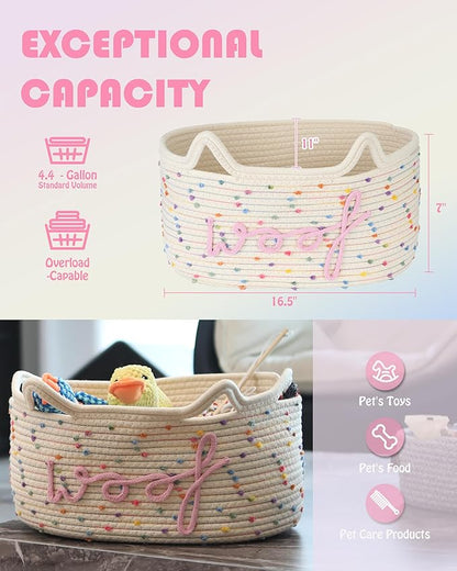 Sea Team Dog Toy Basket with Handles, 16.5 x 11 x 7 Inches, 4.4 Gallons Large Cotton Rope Storage Bin, Box, Shelf Organizer for Pet Chew Toys, Foods, Rainbow Woof