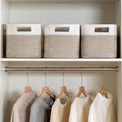 UBBCARE 4 Pack Storage Baskets for Organizing, Shelf Baskets with Handles, Woven Storage Baskets for Bookcase/Cube Shelf/Closet, 14.5"L x 9.8"W x 9"H, White&Light Brown