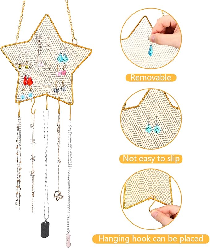 Jetec 2 Pcs Earring Wall Holder Wall Mounted Organizer Hanging Stand Decorative Diamond Grid Shape Jewelry Display Rack with Hanging Hooks for Earrings Necklace Bracelet(Gold)