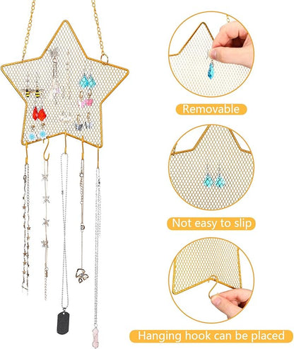 Jetec 2 Pcs Earring Wall Holder Wall Mounted Organizer Hanging Stand Decorative Diamond Grid Shape Jewelry Display Rack with Hanging Hooks for Earrings Necklace Bracelet(Gold)
