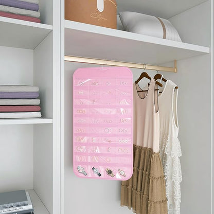 2 Pack Hanging Jewelry Organizer 80-Pocket Dual-sided Jewelry Storage for Earring Necklace Bracelet Ring Travel Holder, Pink