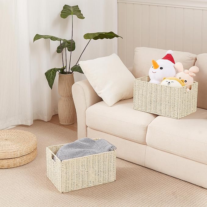 Vagusicc Wicker Storage Basket, Set of 2 Hand-Woven Paper Rope Wicker Basket, Small Storage Baskets for Organizing Toilet Paper Basket, Foldable Large Cube Storage Organizer Bins for Shelves (Beige)